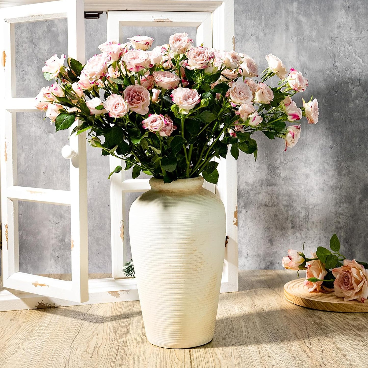 Rustic Ceramic Flower Vase, Small Decorative Terracotta Boho Vase for Living Room, Table Centerpiece, Shelf Decor, Farmhouse, Entryway - 11 Inch Tall, Vintage White