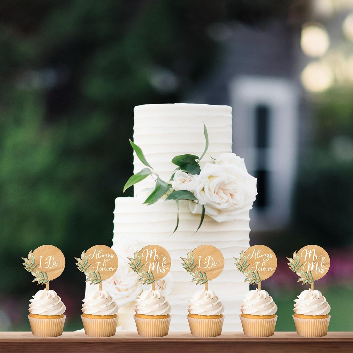 12 PCS Wedding Cupcake Toppers Green Mr & Mrs Wedding Cake Cupcake Decorations in Wood