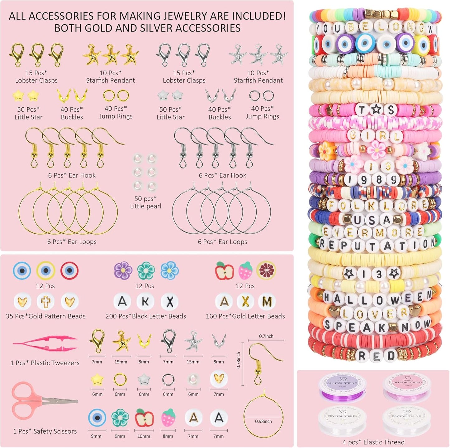 Pizooro Bracelet Making Kit 120 Colors,Friendship Bracelet Kit with Gold Silver Spacer Beads Charms Clay Beads,420pcs Letter Beads,Crafts Gift for Girls Adults
