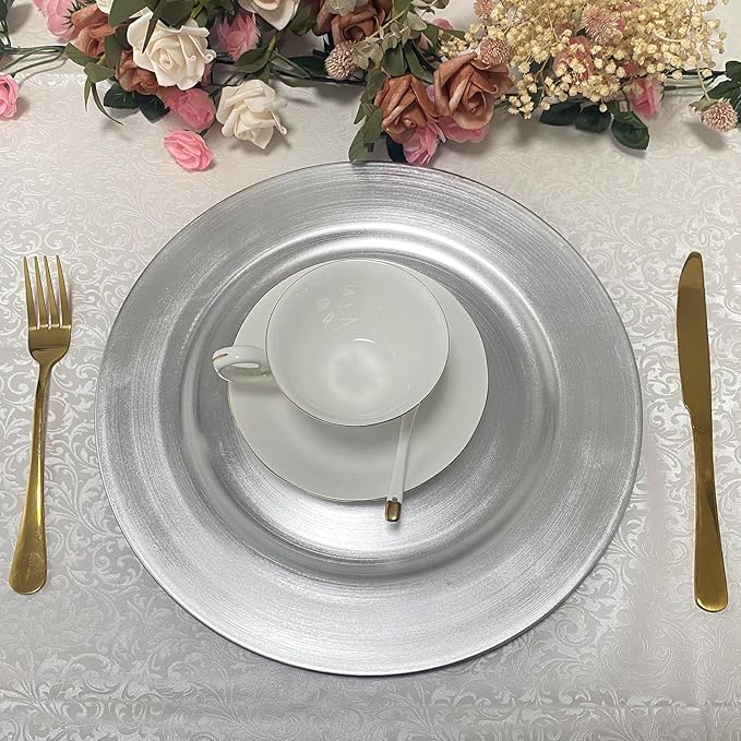 13inch Round Plastic Charger Plates,Set of 8,Charger Plates for Dinner,Wedding,Party,Event Decoration. (Metallic foil Silver) …