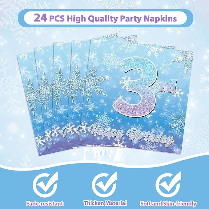 Snowflake Winter Wonderland 3rd Birthday Paper Plates Napkins Forks Disposable Dinnerware Happy 3rd Birthday Blue and Purple Winter Snowflake Tableware for Kids Christmas onderland Party Decorations