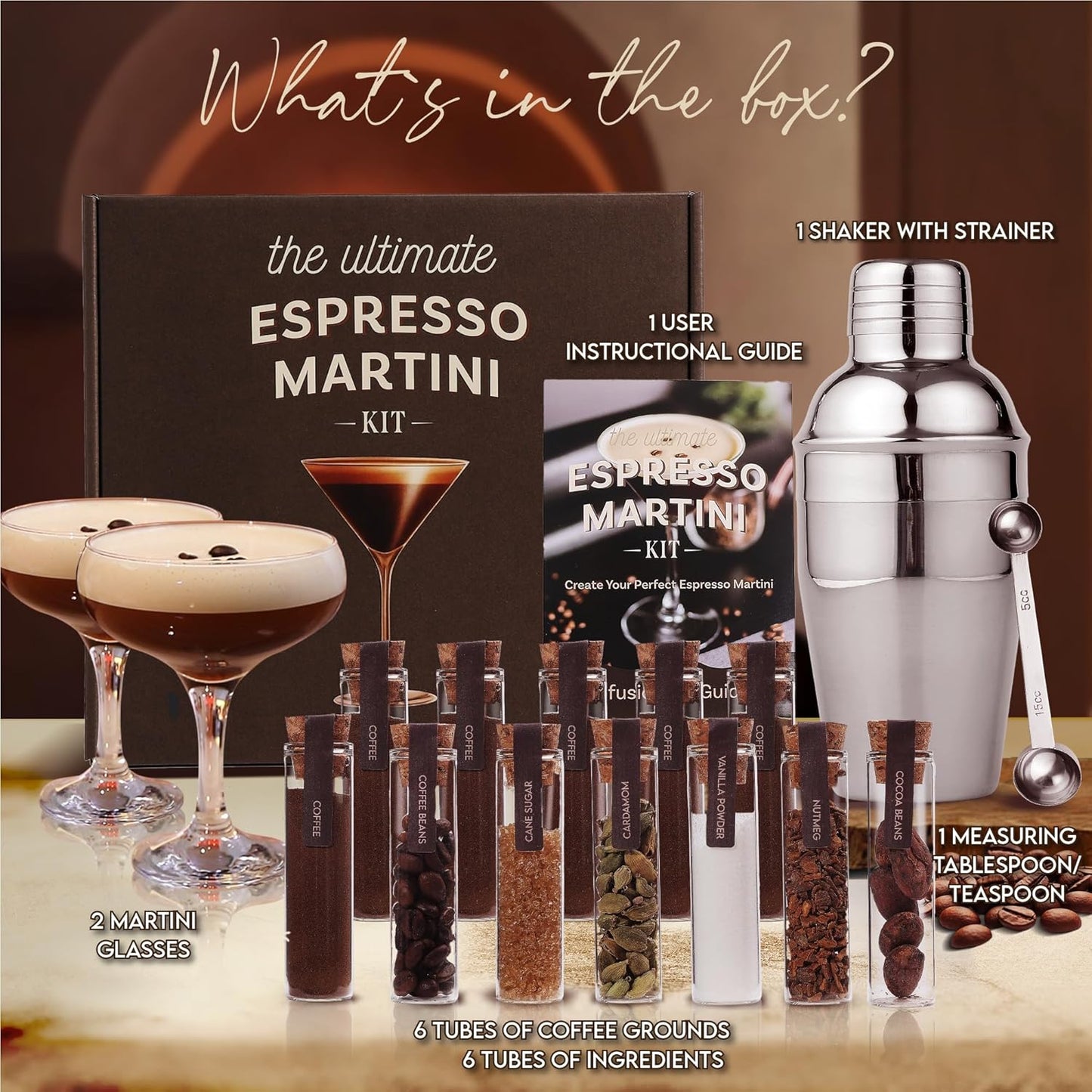 Your Dream Party Shop - Premium Cocktail Kit Gift Set - with Glasses, Accessories, and Elegant Decorations for Birthdays, Birthday Gifts for Women (Espresso Martini Kit)