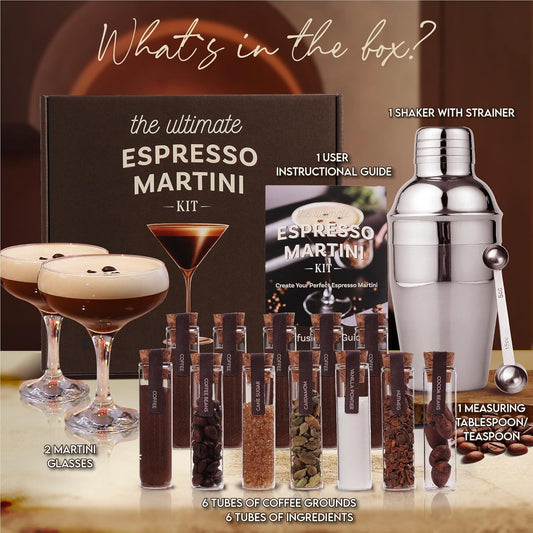 Your Dream Party Shop - Premium Cocktail Kit Gift Set - with Glasses, Accessories, and Elegant Decorations for Birthdays, Birthday Gifts for Women (Espresso Martini Kit)