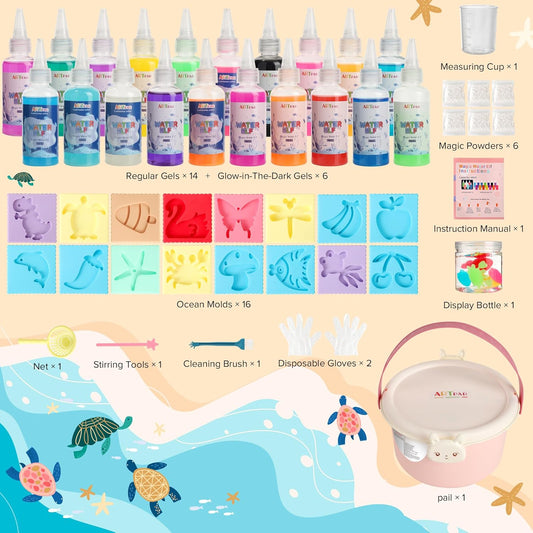 ARTPAR Water Elf Magic Gel Kit - 20 Colorful Gels + 16 Fantasy Molds - Non-Toxic Sensory Toys for Kids - Creative Arts & Crafts Project - Birthday Gifts for 5 6 7 8 9 10 Year Old Girls Boys
