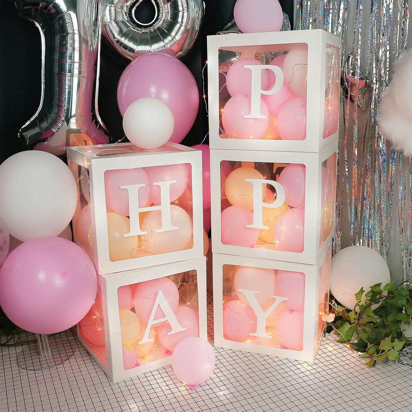 Ledido Transparent Balloon Boxes, Clear Balloon Boxes with 5 Pcs String Lights and 78 Letters for Baby Shower Gender Reveal Grad Birthday Party Anniversary Bridal Wedding Decor - 5 White Boxes