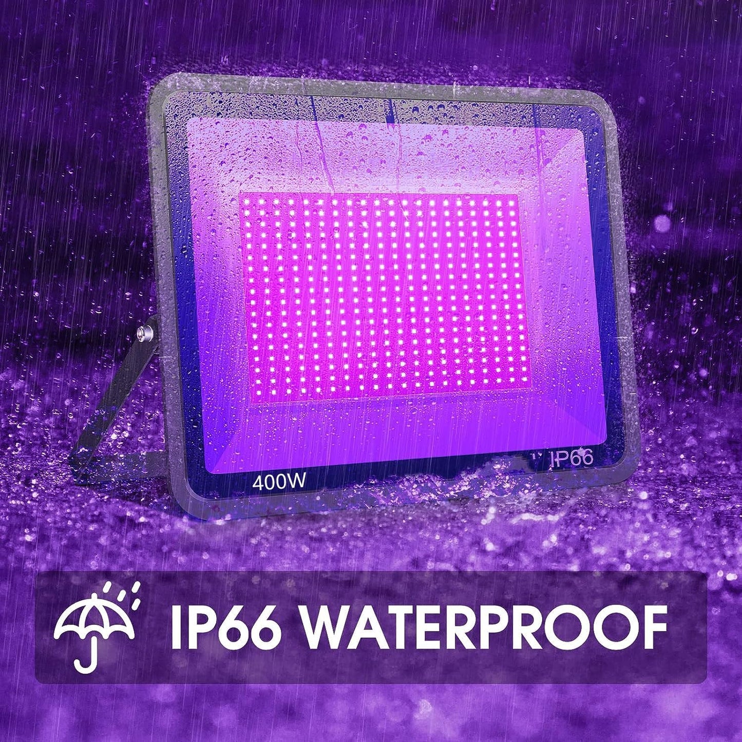 4 Pack 400W LED Flood Black Lights,395nm to 405nm UV Outdoor Flood High Power Blacklight Light with Plug in, IP66 Waterproof Large Black Light Spotlight for Glow Party Large Space, Halloween