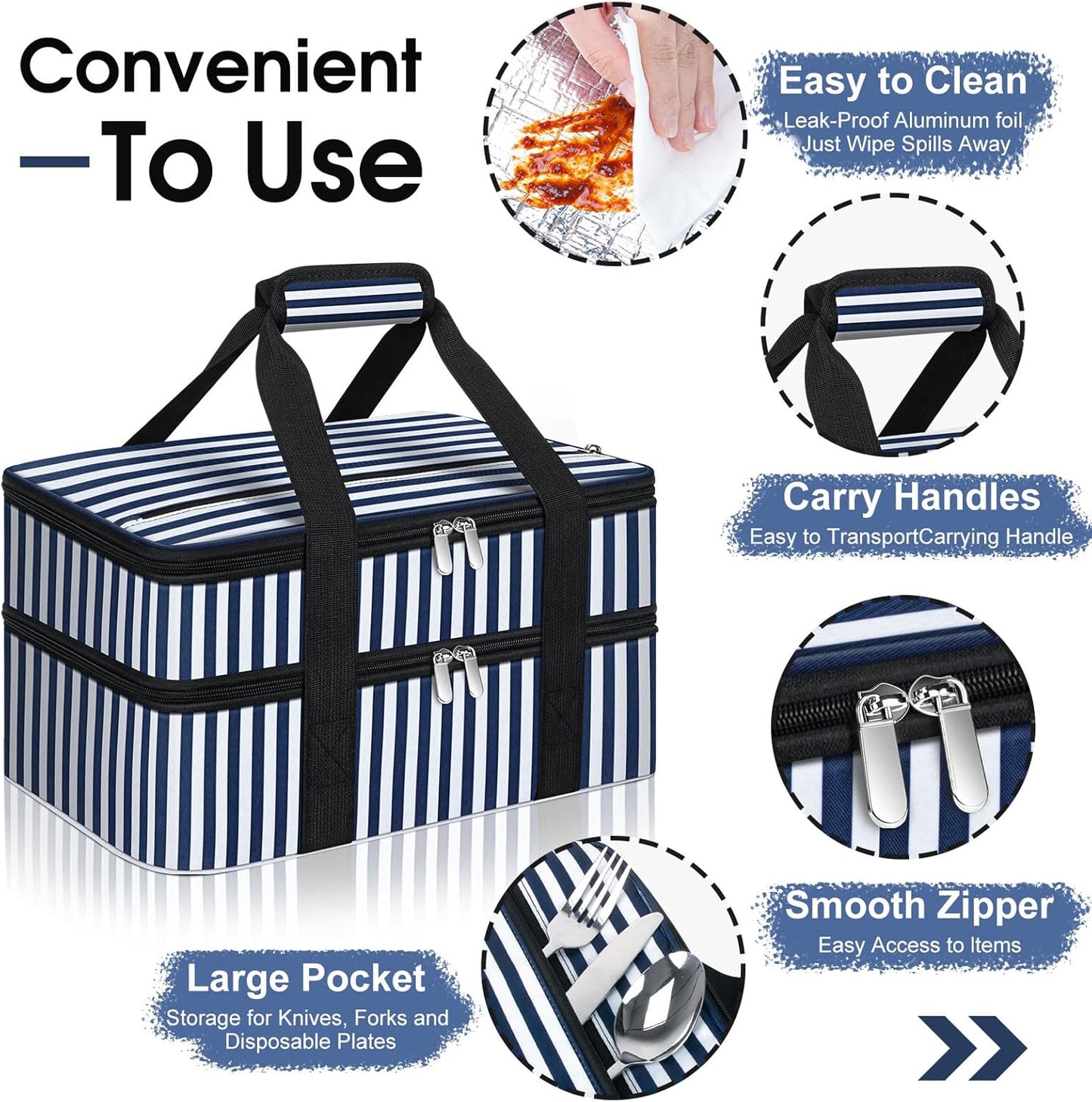Double Insulated Casserole Carrier, Portable Casserole Carrier for Hot or Cold Food Lunch Tote Warmer or Cooler Bag, Lasagna Lunch Bag for Potluck Parties- Fits 9" x 13" Baking Dish-Blue Stripes