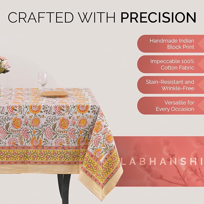 Labhanshi Indian Block Print Floral Table Cloth|Cotton 6-Seater 60x90 Inch Rectangle Washable Dinner Picnic Table Cloth|Cocktail Parties Wedding Spring Easter Table Decor|White Marigold
