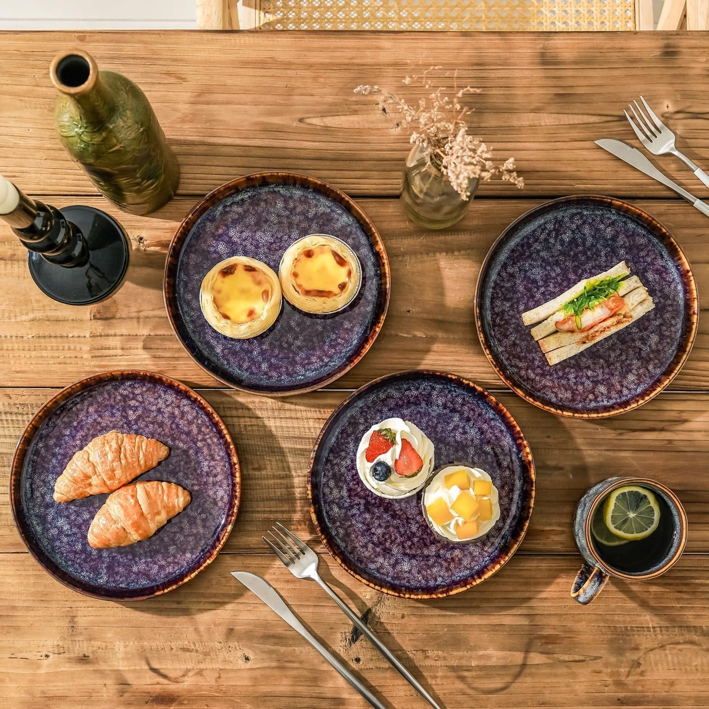 Ceramic dinner plates set of 4, Dessert & Salad plates for party and wedding, Microwave safe porcelain plates set, 8 Inch-Speckled Bluish Purple