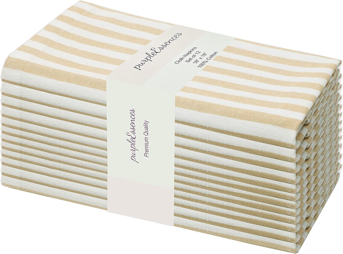 PurpleEssences Plain Striped Cloth Napkins - Set of 12-100% Cotton - 18 x 18 Inch - Fall Thanksgiving - Perfect Everyday Use Dinner Napkin - Beige and White