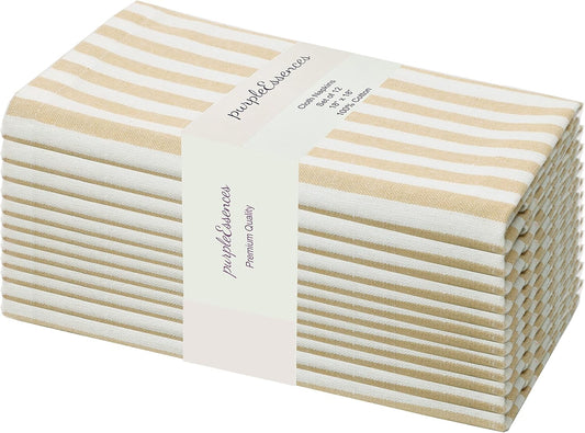 PurpleEssences Plain Striped Cloth Napkins - Set of 12-100% Cotton - 18 x 18 Inch - Fall Thanksgiving - Perfect Everyday Use Dinner Napkin - Beige and White