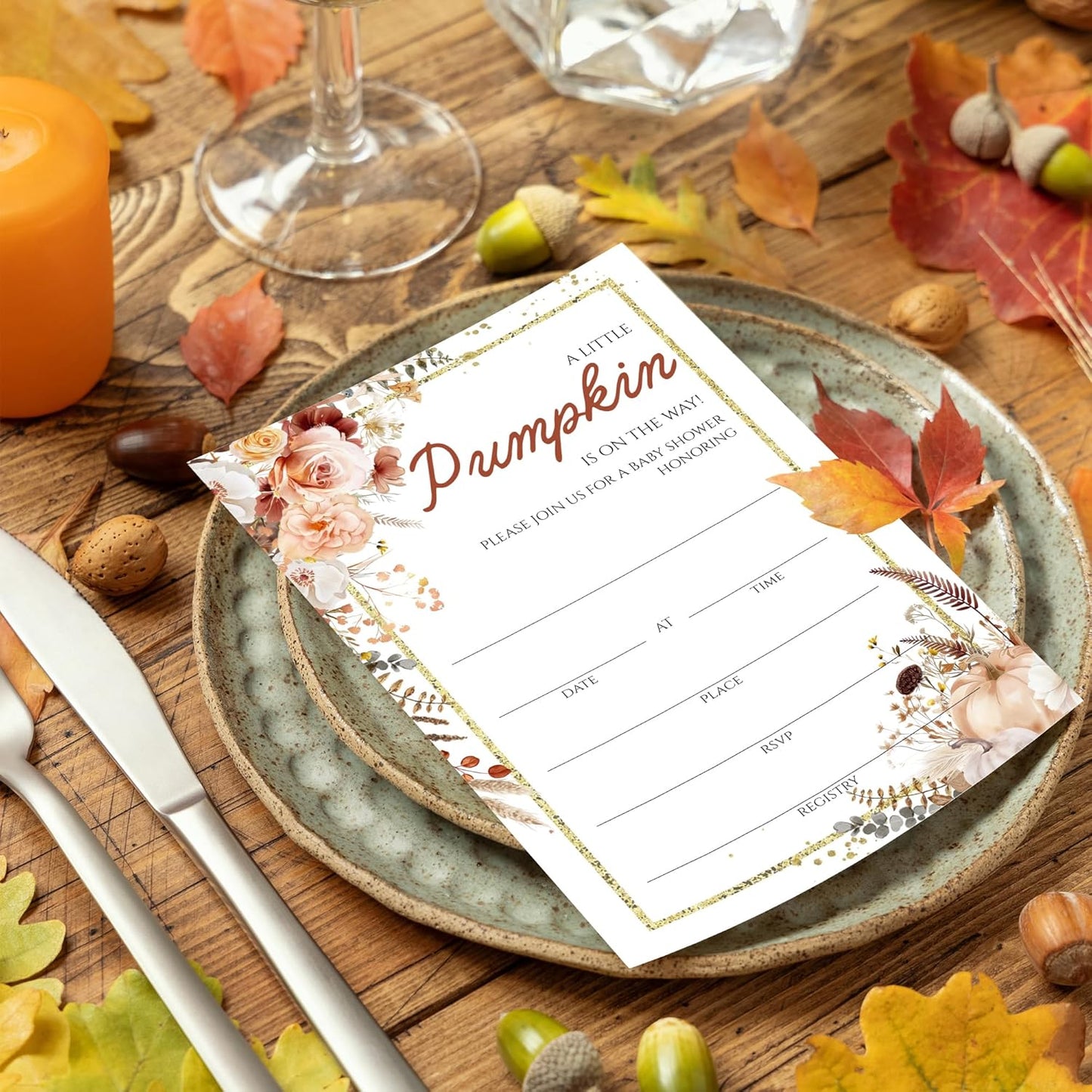 Fall Floral Pumpkin Baby Shower Invitations - “A Little Pumpkin Is On The Way” Design with Envelopes And RSVP Cards - 20Pcs Fill In Baby Shower Party Cards(4 x 6 Inch) (041)