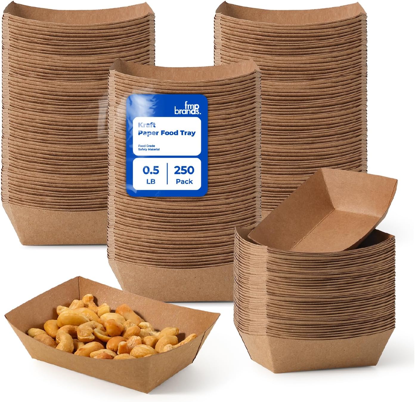 Fit Meal Prep [250 Pack 0.5 lb Paper Food Boats Heavy Duty Disposable Food Trays, Kraft Brown Nacho Tray for Parties Fairs Picnics Carnivals, Holds Sause Candies Nut Grease Resistant