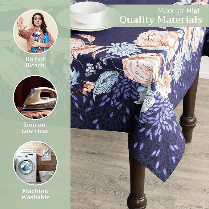 Maison d' Hermine Table Cloth Rectangle Table 100% Cotton 70 x 120 Inches Fall Tablecloth Reusable Everyday Use for Thanksgiving Christmas Decorations Dining Farmhouse Party (Pumpkin Blues)