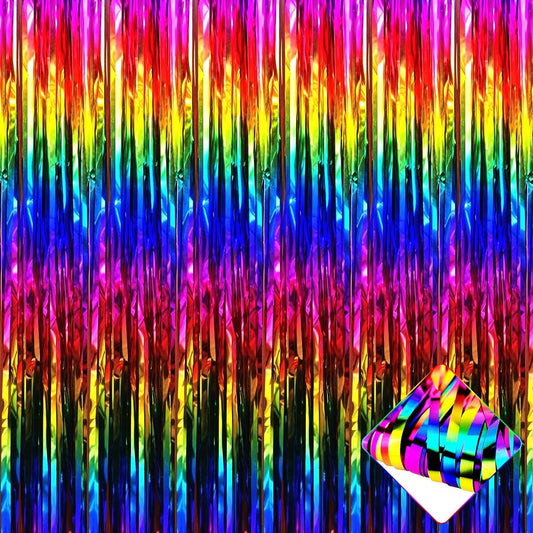4 Pack 3.3Ft x 6.6Ft Rainbow Foil Fringe Curtain Backdrop, Colorful Metallic Tinsel Foil Fringe Streamers Curtains Background for Photo Booth, Birthday, Wedding, Valentine's Day Party Decoration