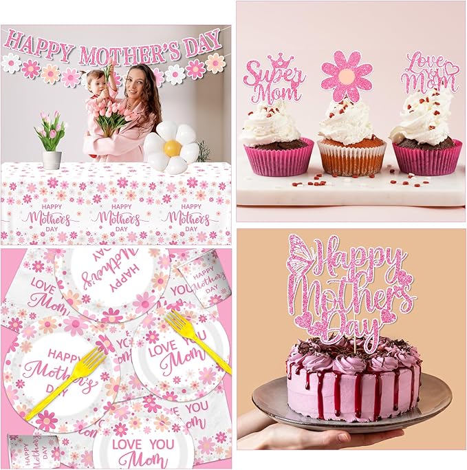 Mothers Day Party Decorations,Pink Daisy Mothers Day Party Tableware Set Paper Plates,Napkins,Banner,Cake Topper Love You Mom Mother's Day Decorations for Happy Mother's Day Supplies Service 24