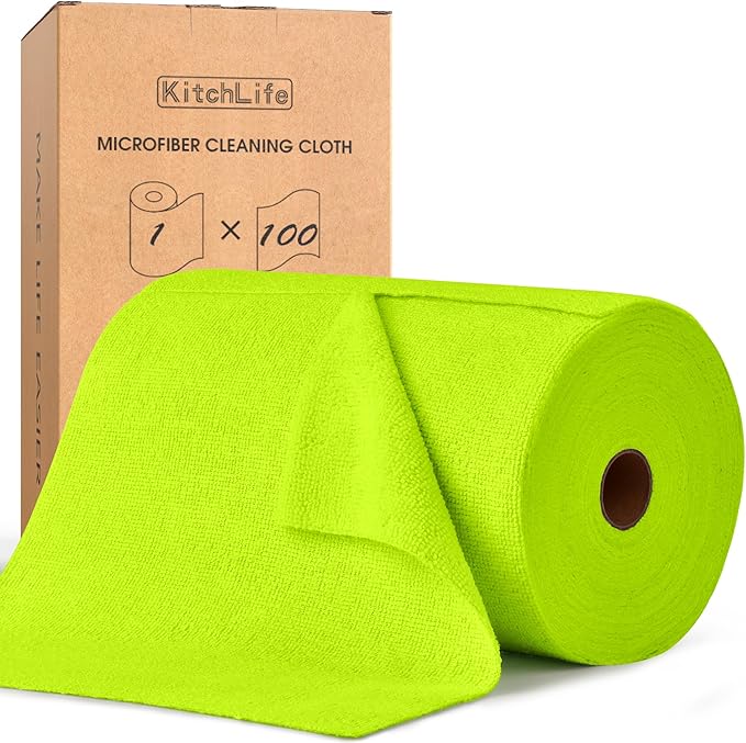 KitchLife Microfiber Cleaning Cloth Roll, 100 Pack - Tear-Away Microfiber Paper Towels, Lint-Free, Reusable, Washable for Kitchen, Car, Dishes, and Sensitive Surfaces (Neon Green)