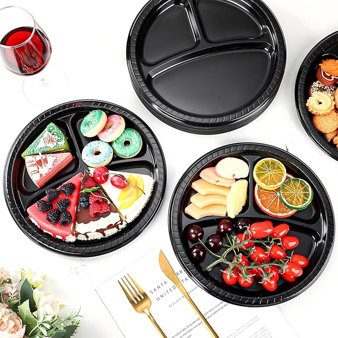 50 Pcs 10 Inch Plastic 3 Compartment Divided Plates Heavy Disposable Plates Duty Round Dinner Plates with Dividers for Wedding Birthday Party Dinnerware(Black)