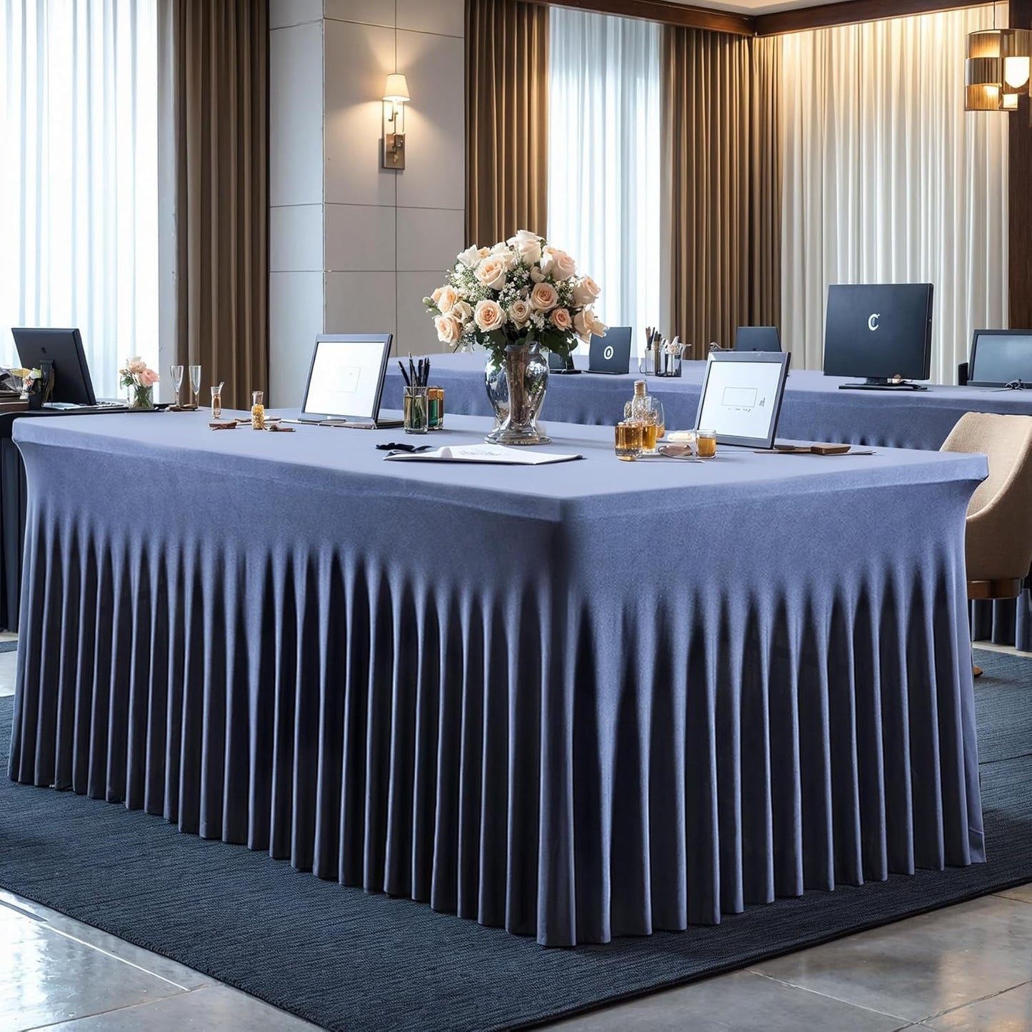 6 Pack Spandex Navy Blue Fitted Table Cloth for 8ft Rectangle Tables Navy Blue Stretch Tablecloth Table Covers Banquet Table Clothes Wrinkle Free Table Skirt for Parties Wedding