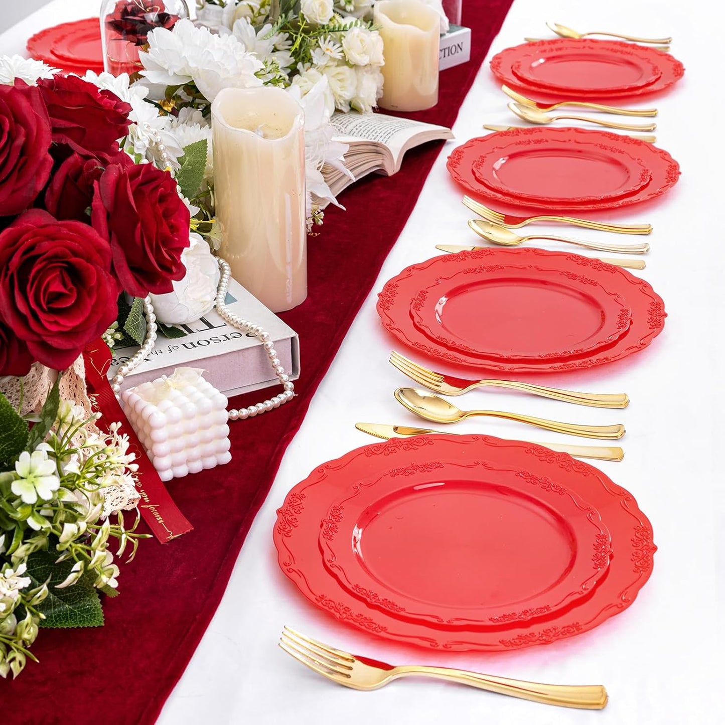 U-QE 100PCS Red Plastic Plates - Heavy Duty Plastic Disposable Party Supplies Include 50PCS 10" Dinner Plates and 50PCS 7.5" Dessert/Salad Plates for Party, Wedding