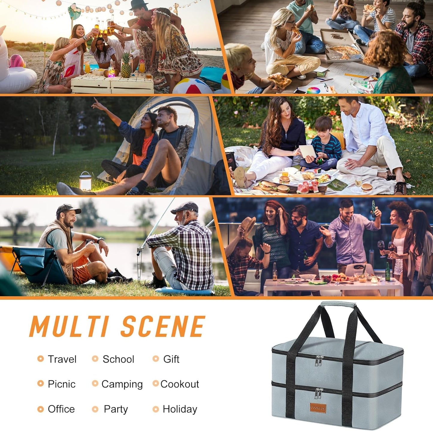 Double Decker Insulated Casserole Carrier for Hot or Cold Food, Food Warmer Bag for Potluck Parties/Picnic/Cookouts, Fits 9"x13" Baking Dish, Leak Proof Travel Food Containers, Durable Nylon, Grey