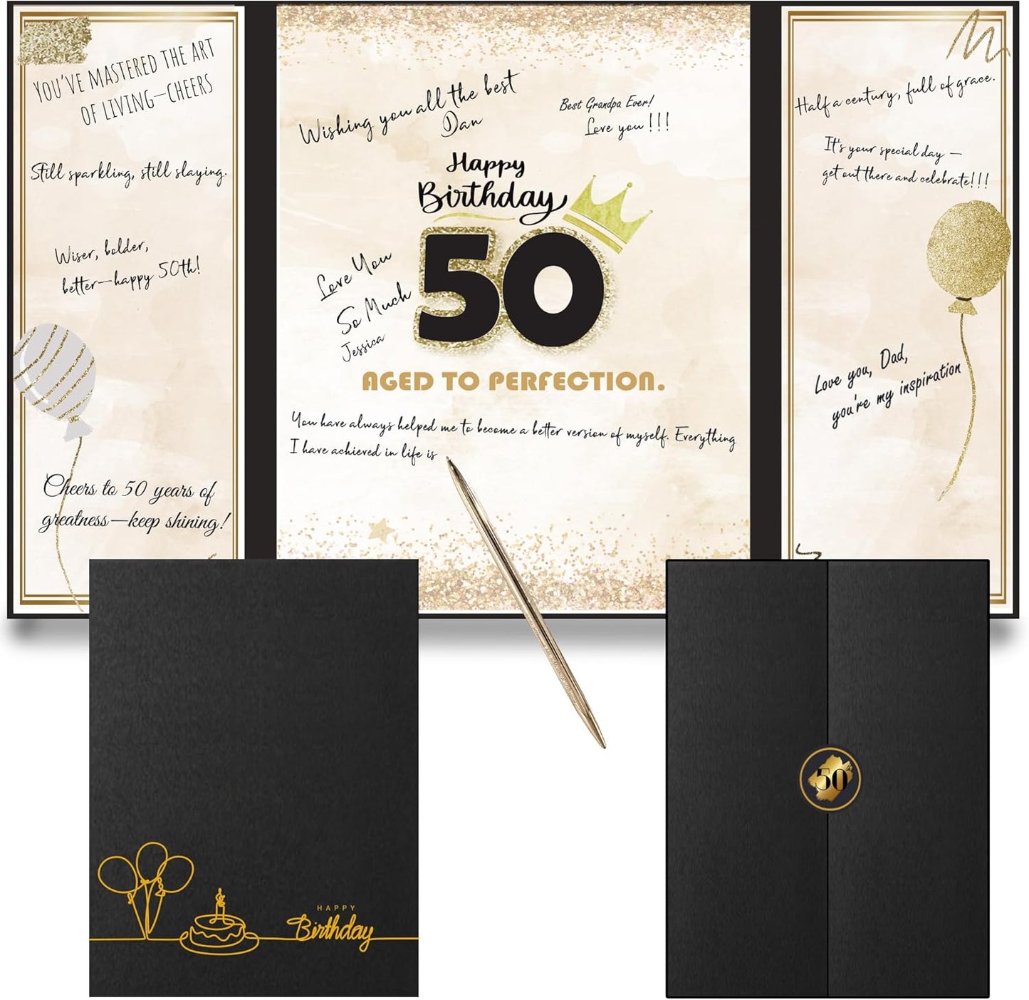 50th Birthday Guest Book Alternative Black Gold Party Decorations for Men 12"x18" - 50 Years Sign in Poster Card Gift - Fifty Party Signature Book Keepsake - Table Centerpiece Decor
