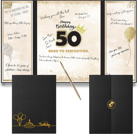 50th Birthday Guest Book Alternative Black Gold Party Decorations for Men 12"x18" - 50 Years Sign in Poster Card Gift - Fifty Party Signature Book Keepsake - Table Centerpiece Decor