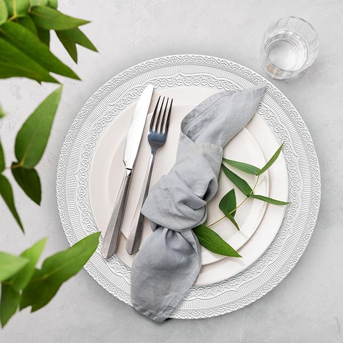 13" White Charger Plates, Lace Embossed Elegant Charger Plate Set of 6, Round Server Ware Chargers for Dinner Plate, Reusable Bulk Table Setting for Party or Event