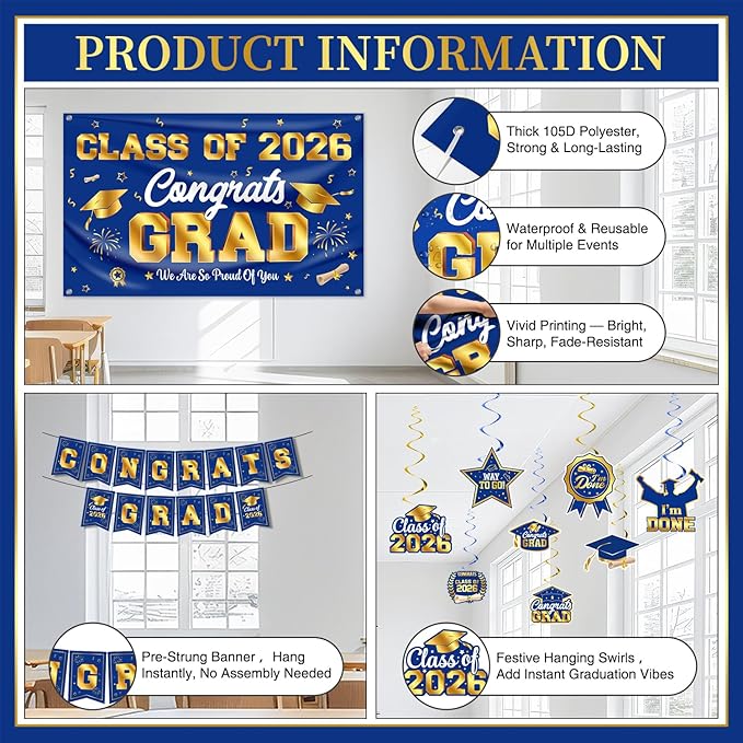 Graduation Decorations Class of 2026 Blue and Gold Graduation Party Decor Set include Congrats Grad Banner Backdrop Class of 2026 Balloons Party Supplies