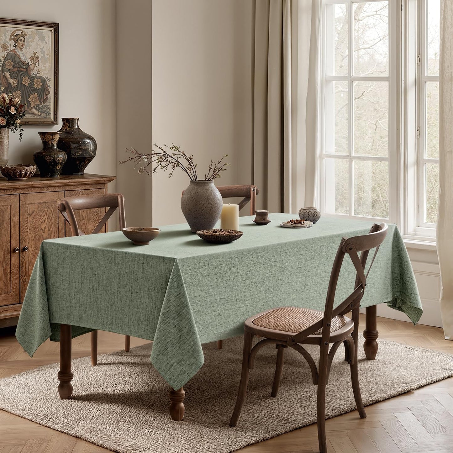 MIULEE Sage Green Linen Tablecloth 60x84 Inch Rectangle Table Cloth Waterproof,Stain Resistant & Wrinkle Resistant for Dining Party Wedding