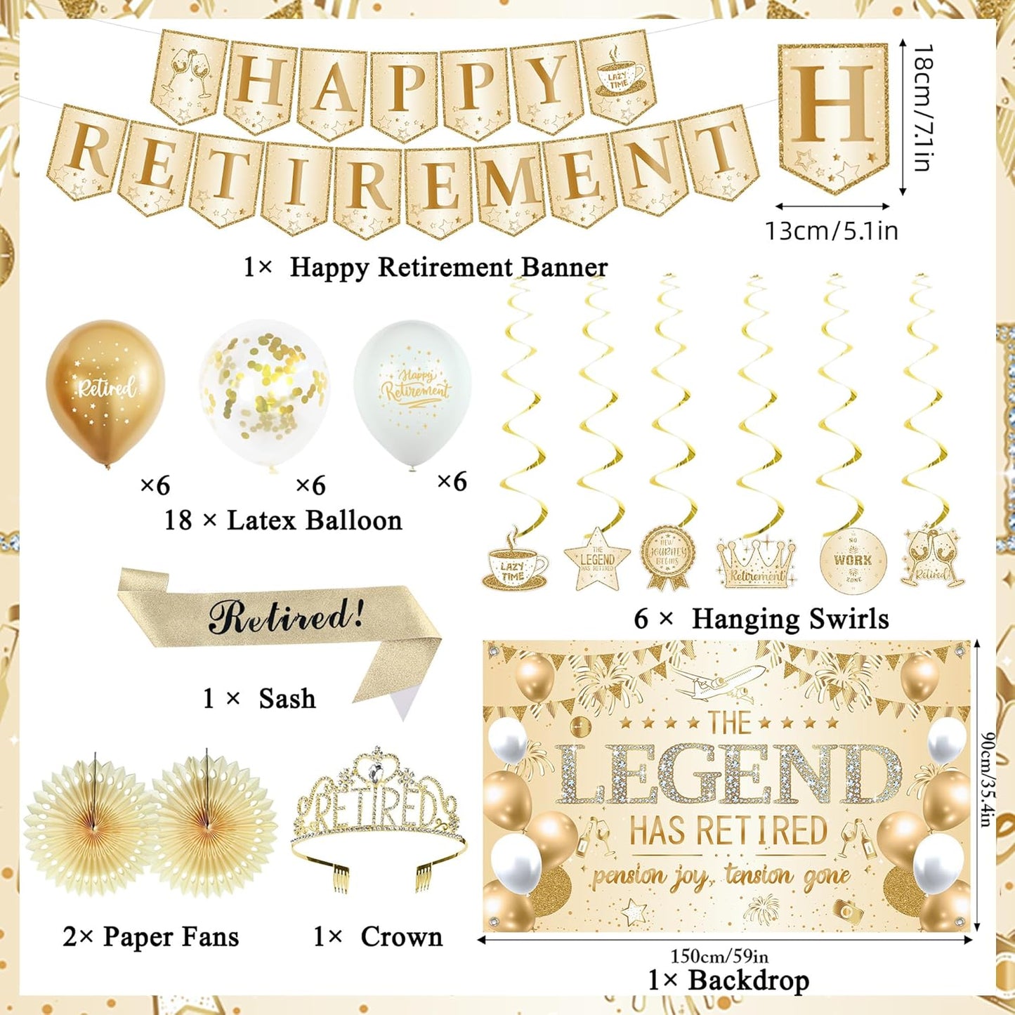 Roetyce Retirement Party Decorations Women, Champagne Gold Happy Retirement Banner Backdrop Balloons Hanging Swirls for Coworker, Gold Lengend Has Retired Sash & Crown, Office Retired Background