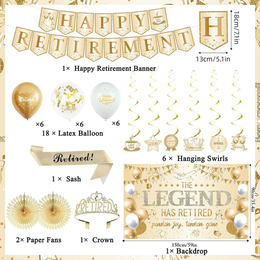 Roetyce Retirement Party Decorations Women, Champagne Gold Happy Retirement Banner Backdrop Balloons Hanging Swirls for Coworker, Gold Lengend Has Retired Sash & Crown, Office Retired Background