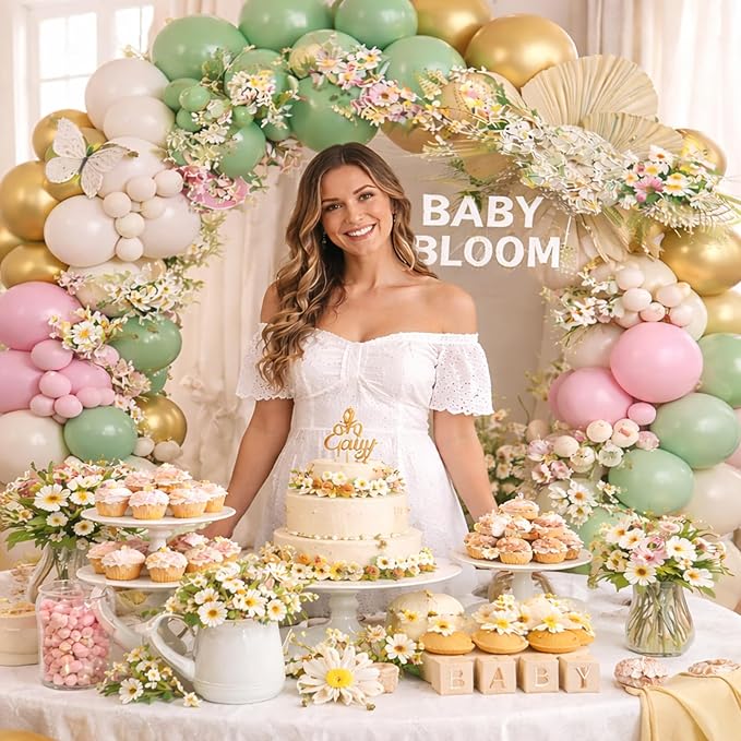 160pcs Baby in Bloom Balloon Arch Kit, Sage Green and Pink White Sand Metallic Gold Balloons for Baby in Bloom Spring Baby Shower Mother's Day Boho Birthday Party Decoration