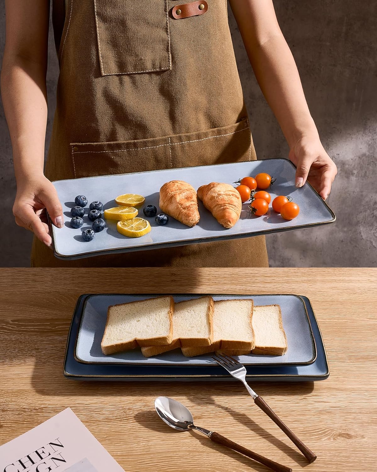 famiware Serving Platter, Rectangular 15.67/14.1/12.6inch Serving Dishes for Entertaining, Reactive Glaze, Stoneware Serving Trays for Party, Food, Turkey, Snack, Cheese, Ocean Series, Blue