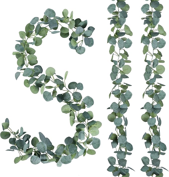 Sggvecsy 6 Pack Artificial Eucalyptus Garland Greenery Leaves Handmade 3D Silk Vines Silver Dollar Leaves Faux Leaf Plants for Wedding Wall Table Party Home Fireplace Bedroom Decor