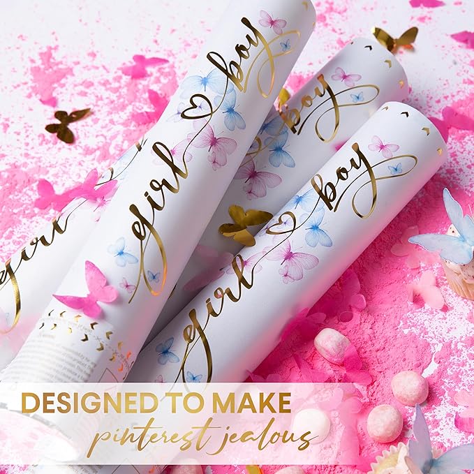 PrimePure Gender Reveal Confetti Cannon - Butterfly Confetti Popper & Biodegradable Powder Cannon - Pink & Blue, 4 Pack - Baby Girl or Boy Gender Reveal Smoke Bombs Baby Powder Paper Party Poppers