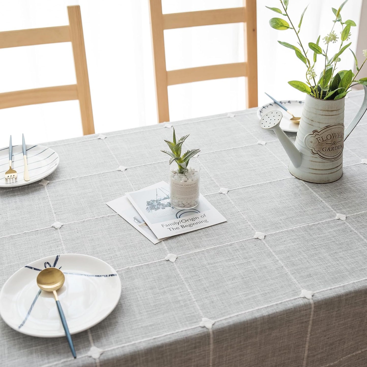 Oubonun Cotton Linen Square Tablecloth - Wrinkle Resistant & Waterproof - Machine Washable Table Cloth with Tassels for Kitchen & Dining, 55''x55'', 4 Seats, Grey