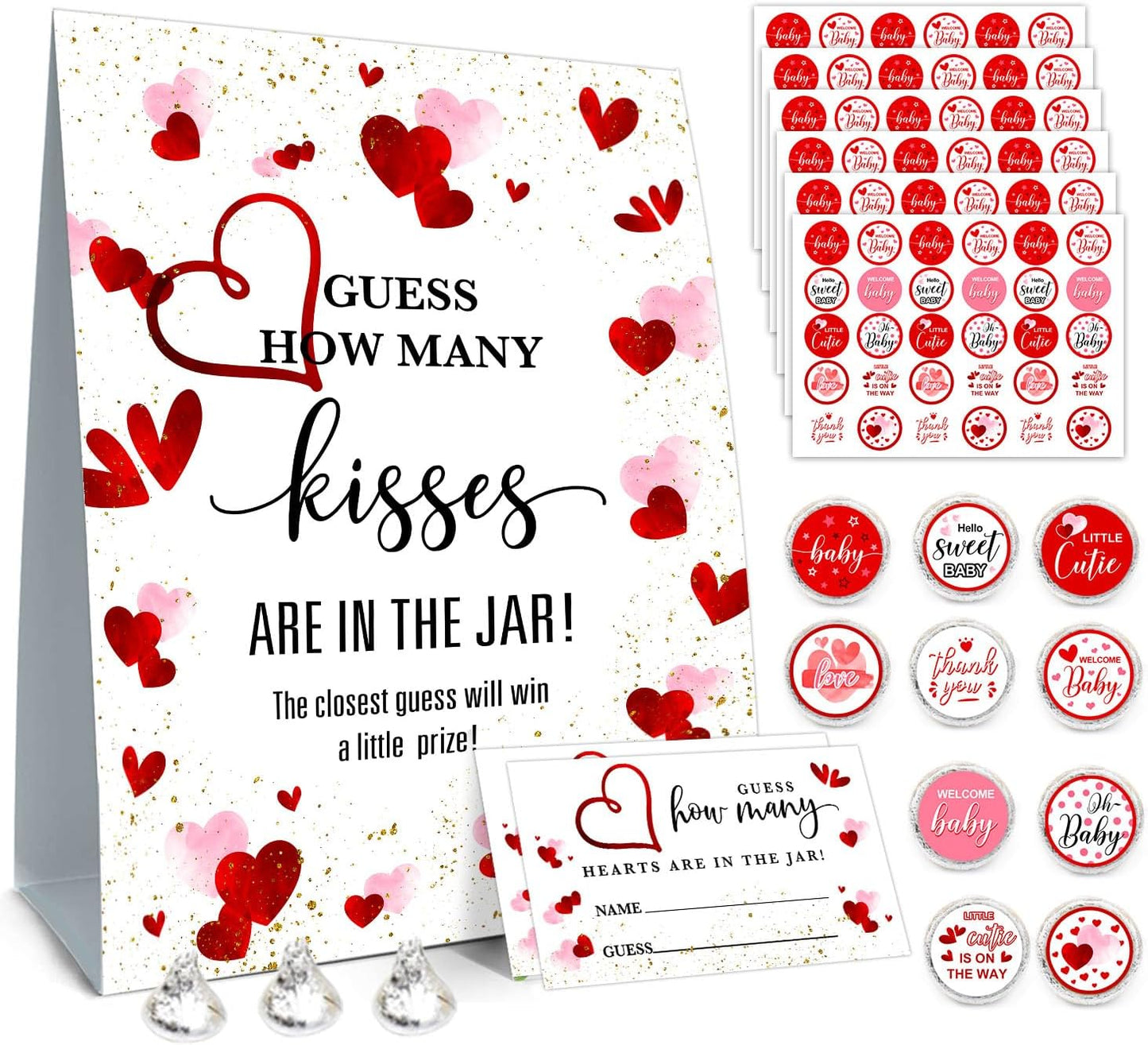 Guess How Many Kisses Baby Shower Game Set - Standing Sign, 50 Guessing Cards, 180 Stickers for Kid's Birthday Party