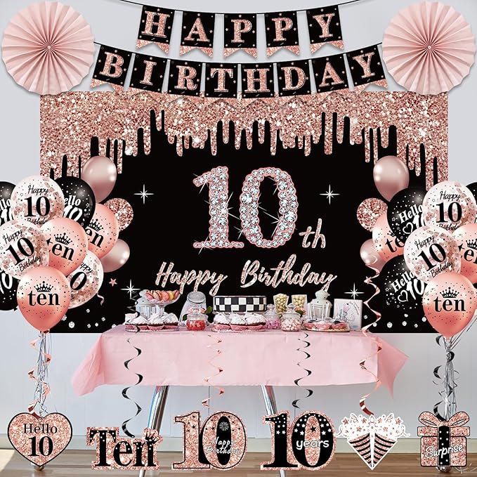 10th Birthday Decorations for Girl, 33pcs Black Rose Gold Happy 10th Birthday Banner 10 Birthday Crown and Sash Balloons Backdrop Hanging Swirls Paper Fans, 10 Years Old Party Supplies Kit