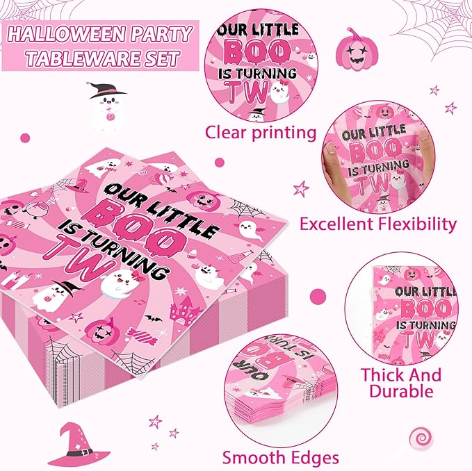 96pcs Halloween Pink Ghost Party Supplies - Boo 2nd Birthday Paper Plates, Napkins, Decoration, Dinnerware, Favor, Tableware - Serve 24