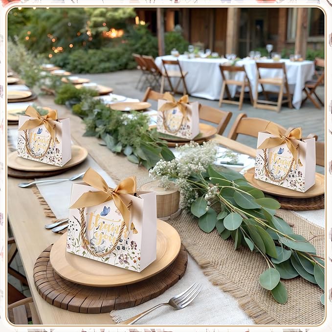 Moinchore 40 Pack Wildflower Thank You Gift Bags with Handles Small Thank You Party Favor Bags with Bow Wedding Welcome Tote for wedding Holiday Bridal Shower Party(Vintage Gold Flowers)