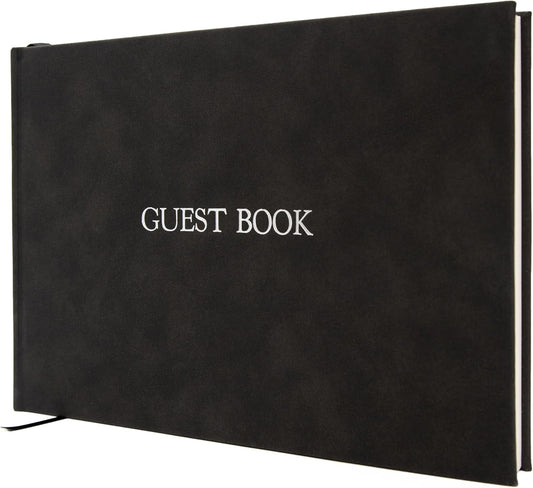 Embossed Guestbook - 11.5 x 8.5 Large Luxury Modern Cream Canvas Linen Embossed Hard Cover Guest Book for Wedding, Birthday & Events, Blank Pages (Charcoal)