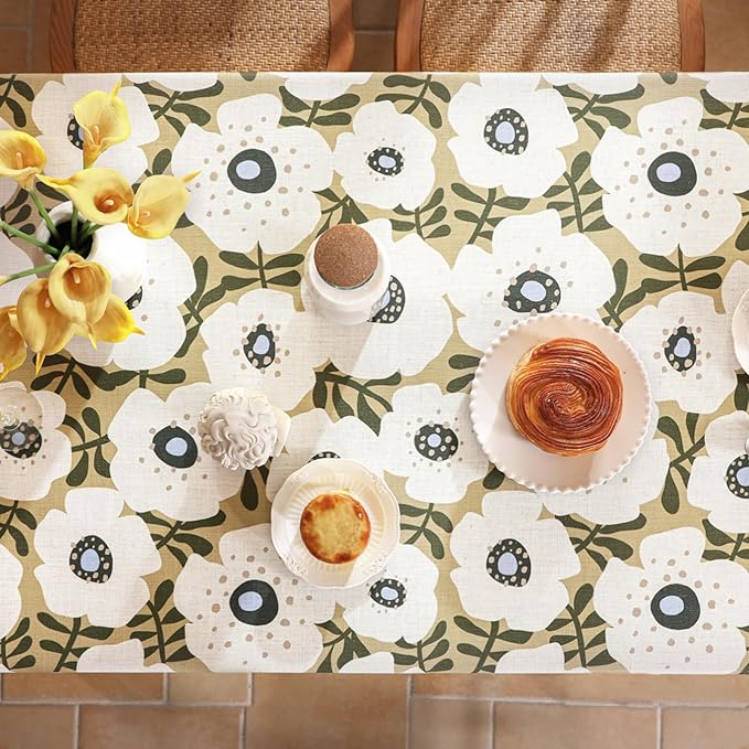 Designer Vintage Rectangular Tablecloth,Linen French Tablecloth with White Floral Pattern,Decorative Table Cover for Kitchen,Dining,Thanksgiving,Tea Party,63" × 87"-Hidaka