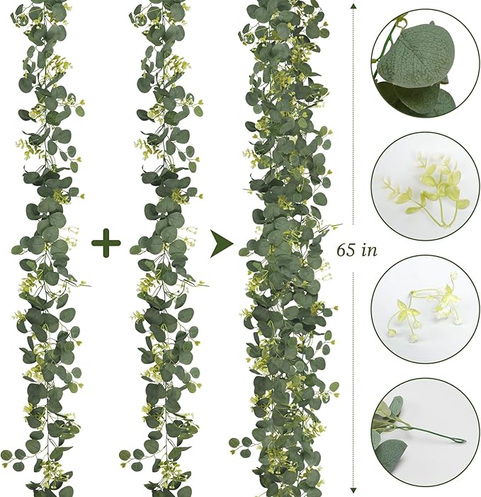 Eucalyptus Garland Faux Silk Leaf Silver Dollar Artificial Greenery Fake Eucalyptus Leaves Garlands for Table Wedding Party Indoor Outdoor Arch Wall Mantle Room Home Decoration (1, 5.5 FT)