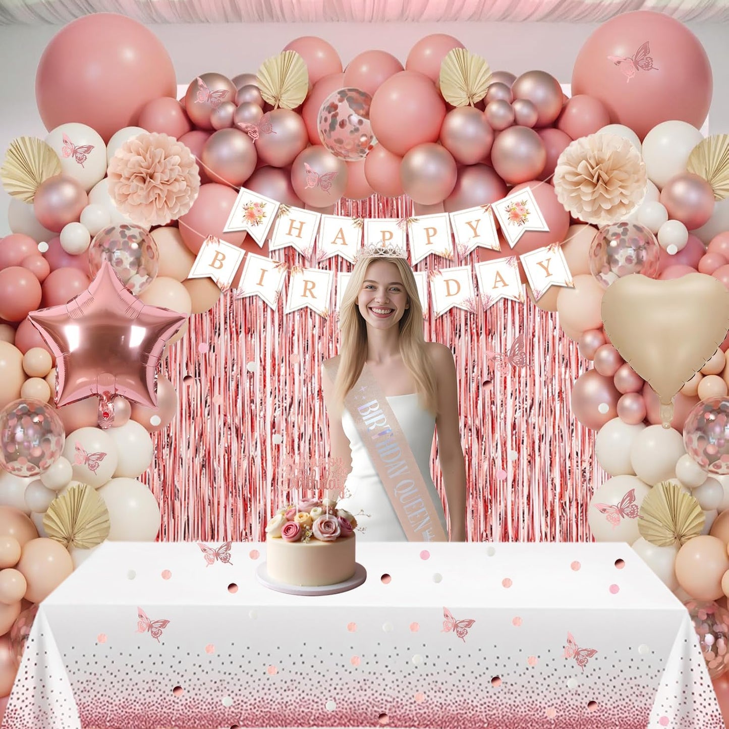 Birthday Decorations for Women Girls, Retro Blush Pink Birthday Party Decorations, Happy Birthday Banner, Crown, Sash, Pink Rose Gold White Sand Nude Balloons, Butterfly, Fringe Curtain, Tablecloth