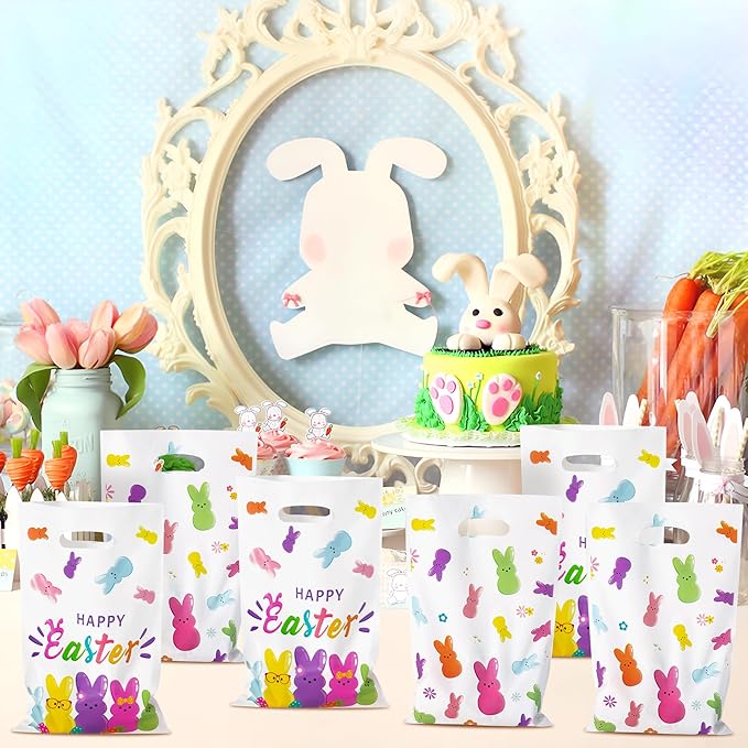 50Pcs Easter Bunny Peeps Party Favor Bag - Happy Easter Rabbit Plastic Waterproof Goodie Bag with Die Cut Handles Rectangular Candy Gift Bags for Kids Festival Decoration Party Favor Supplies