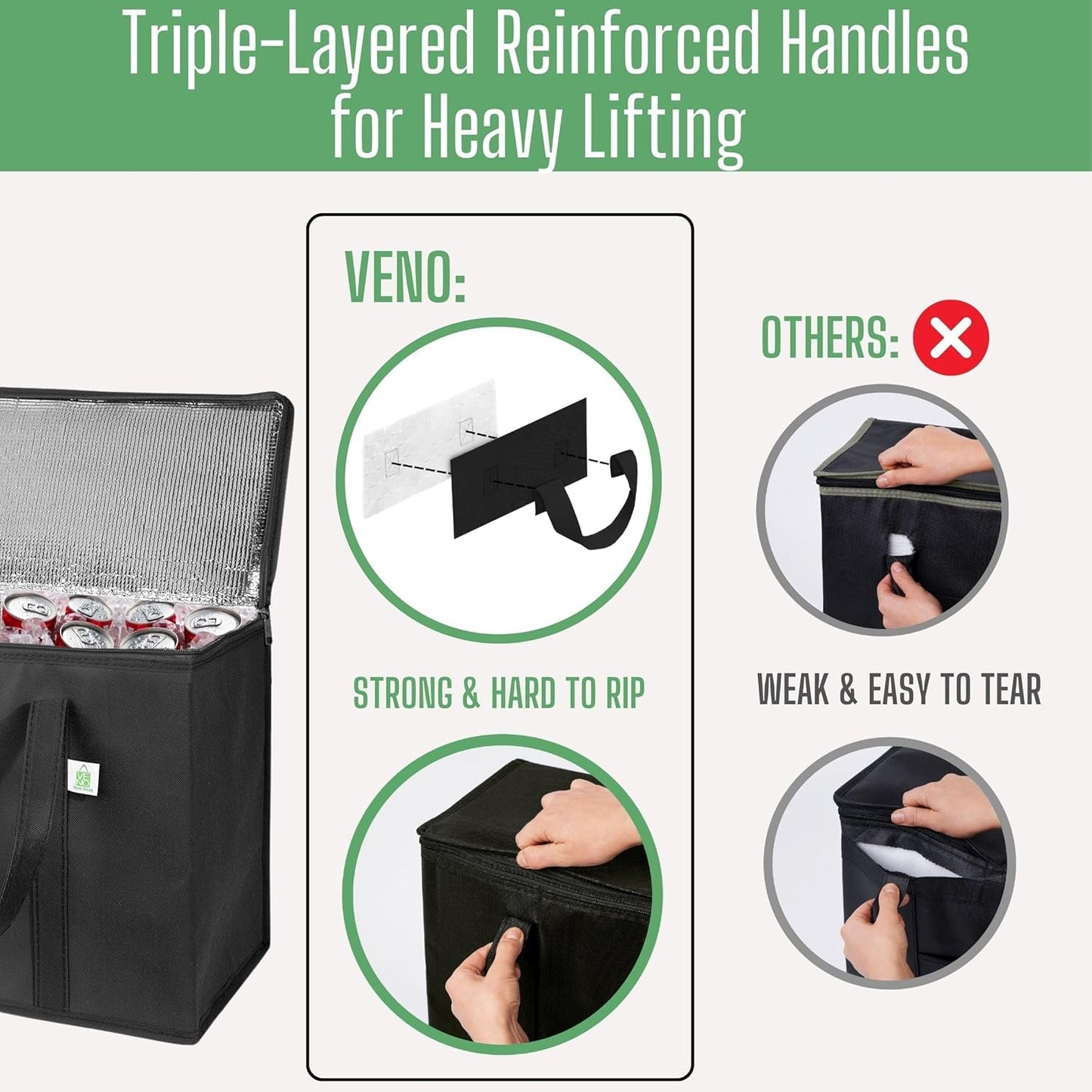 VENO 3 Pack Insulated Reusable Grocery Shopping Bag, Food Delivery, Cooler Bag, Heavy Duty, Large Size, Durable Handles, Dual Tab Zips, Lid, Stands Upright, Collapsible, Sustainable (Black, 3 Pack)