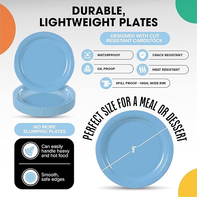 Exquisite Party Solids Light Blue Paper Plates Disposable Heavy Duty 9 Inch Light Blue Disposable Plates For Party 100 Pcs Heavy Duty 350 GSM, Birthday Supplies