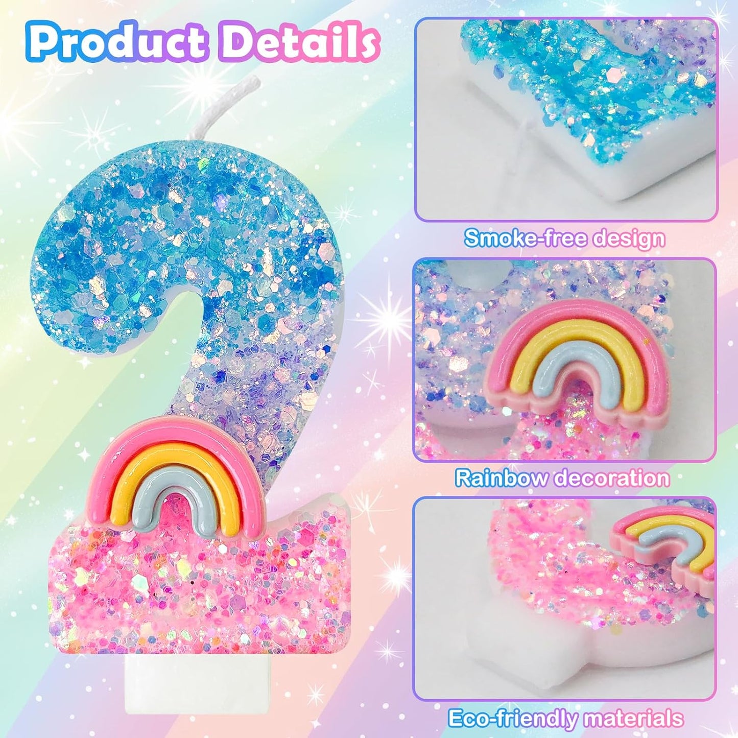 Rainbow Birthday Number Candles, Number 2 Candles, Cupcake Decorations, Macaron Birthday Cake Decorations, Cartoon Theme Party Supplies (Number 2)