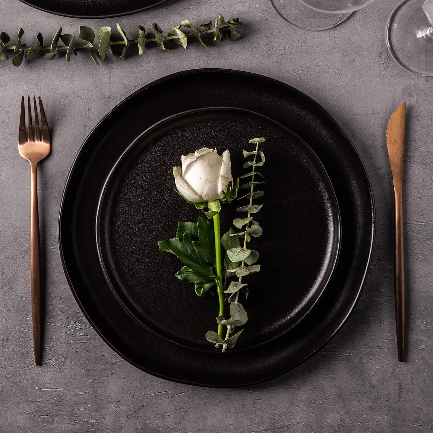AmorArc Ceramic Dinner Salad Plates Set of 6, Wavy Rim 8.5 Inch Dish Set, The Dessert,Salad, Appetizer, Small Dinner etc Plate,Microwave, Dishwasher Safe, Scratch Resistant, Matte Black